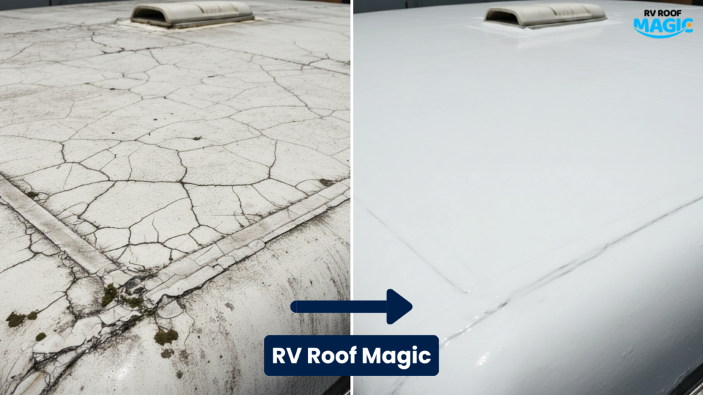 Before and after RV roof restoration using RV Roof Magic liquid rubber coating for seamless waterproof rv roof magic protection Before and after RV roof repair using liquid rubber roof coating