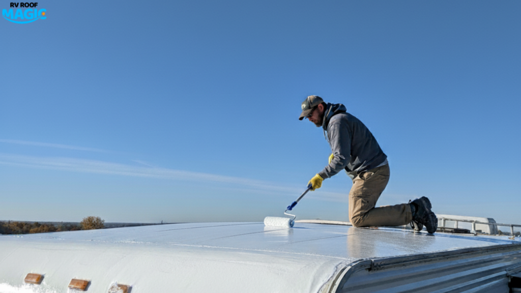 Man applying liquid rubber roof coating on RV roof using roller for waterproof sealing