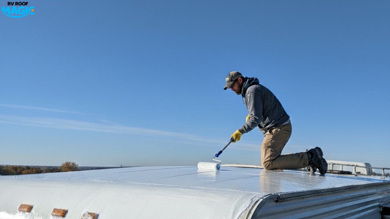 Man applying liquid rubber roof coating on RV roof using roller for waterproof sealing