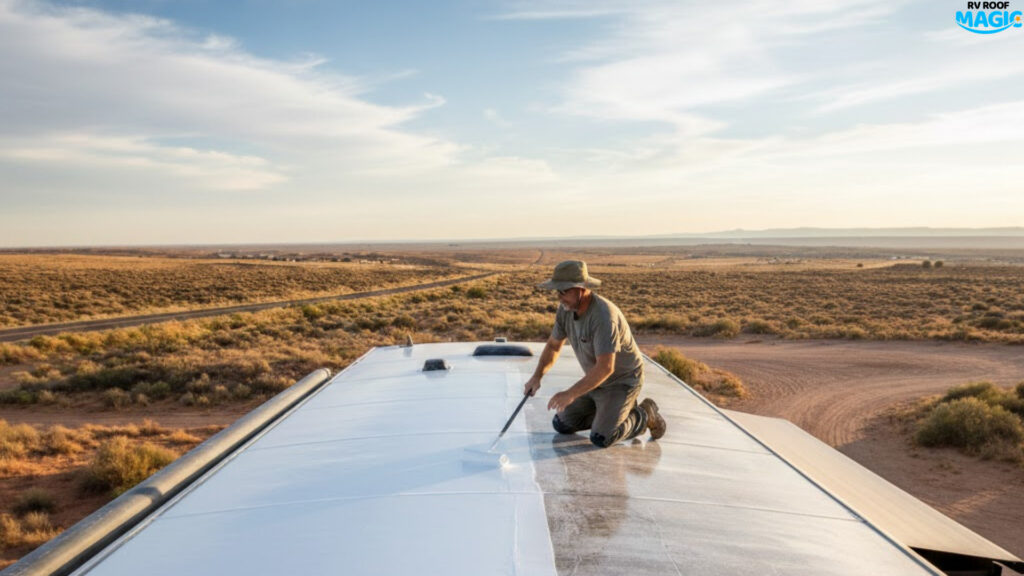 Man applying rubber roof sealant on top of RV Roof