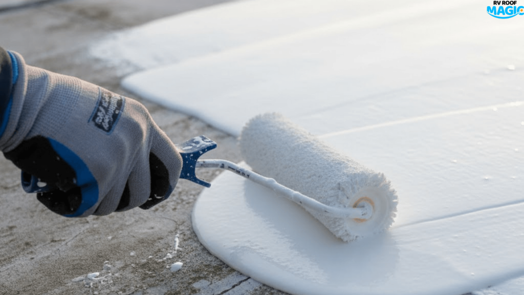 Roller applying white liquid sealant on top of RV Roof Roller applying white liquid sealant on top of RV Roof