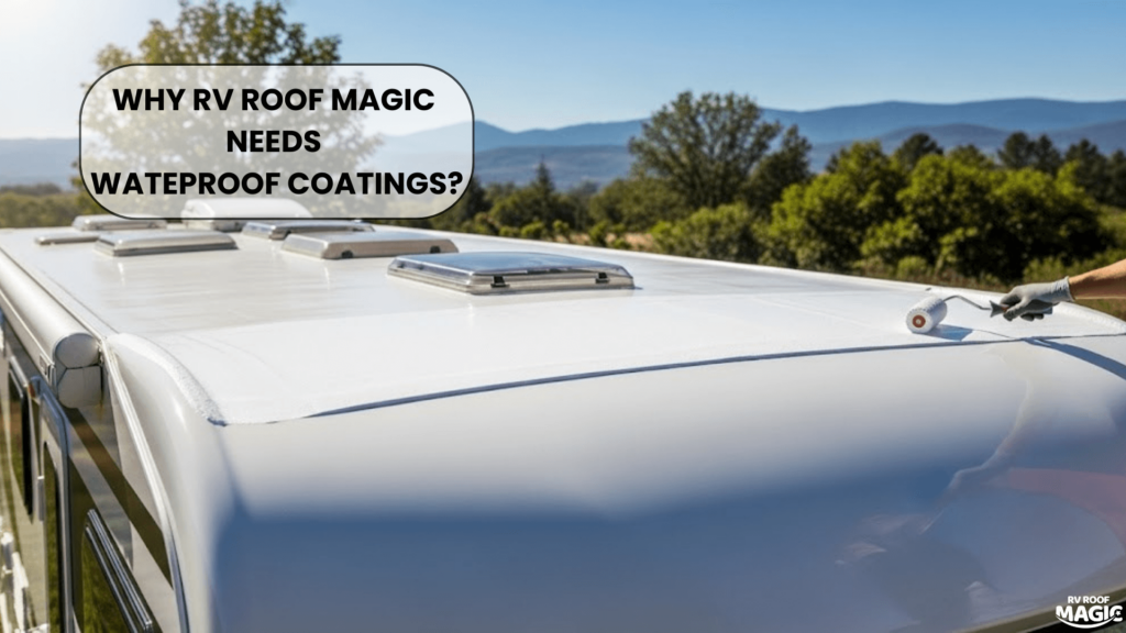 Person applying white RV Roof Magic liquid coating to a motorhome roof with a roller for waterproofing and UV protection.
