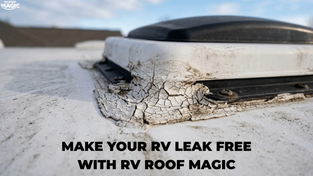 Close-up of aging RV roof sealant around a vent showing alligatoring and small cracks requiring repair.