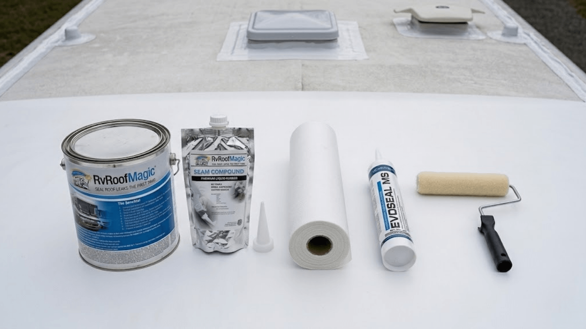 A neat layout of RV roof repair products: RV Roof Magic, Seam Tight, Poly Fabric, Butyl MS Caulk, and a roller brush. A neat layout of RV roof repair products: RV Roof Magic, Seam Tight, Poly Fabric, Butyl MS Caulk, and a roller brush.