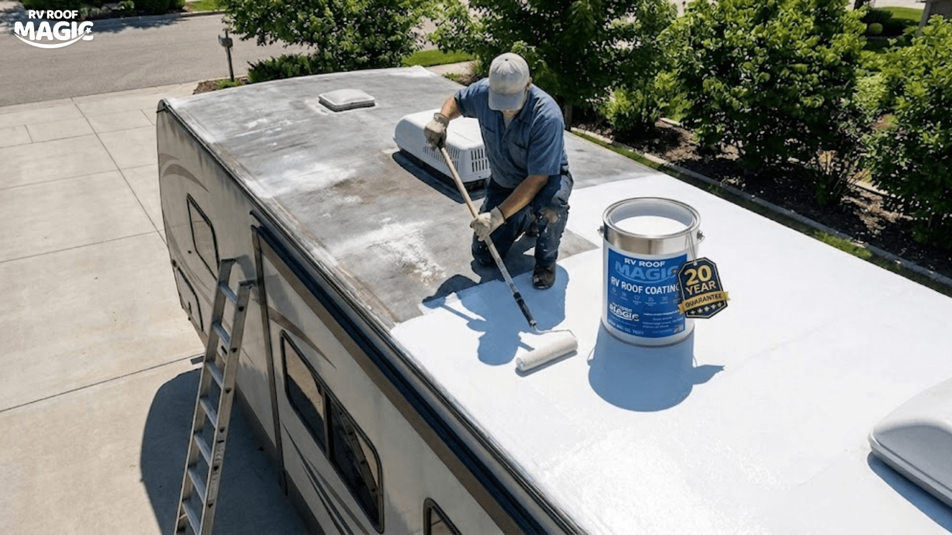 A person using a roller to apply a protective white liquid coating to the roof of a travel trailer to prevent leaks and UV damage.